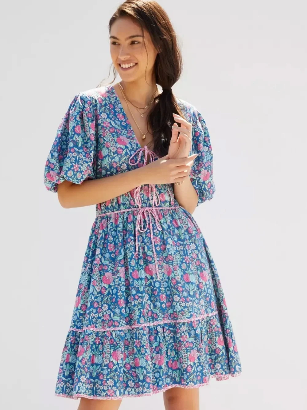 Anthropologie Shoshanna Puff-Sleeved Blue Pink Mini Dress Size 2